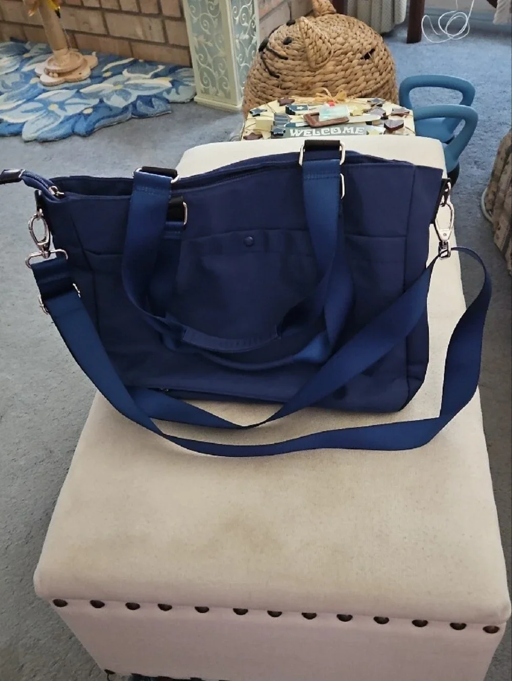 RoyalBlue NylonTote w/ Front Pockets, Shoulder Strap, Handles, Multi Compartment